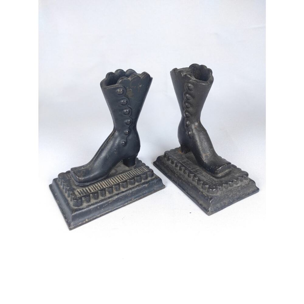 Antique Cast Iron Victorian Ladies Boots Match Holder Book Ends Door Stoppers